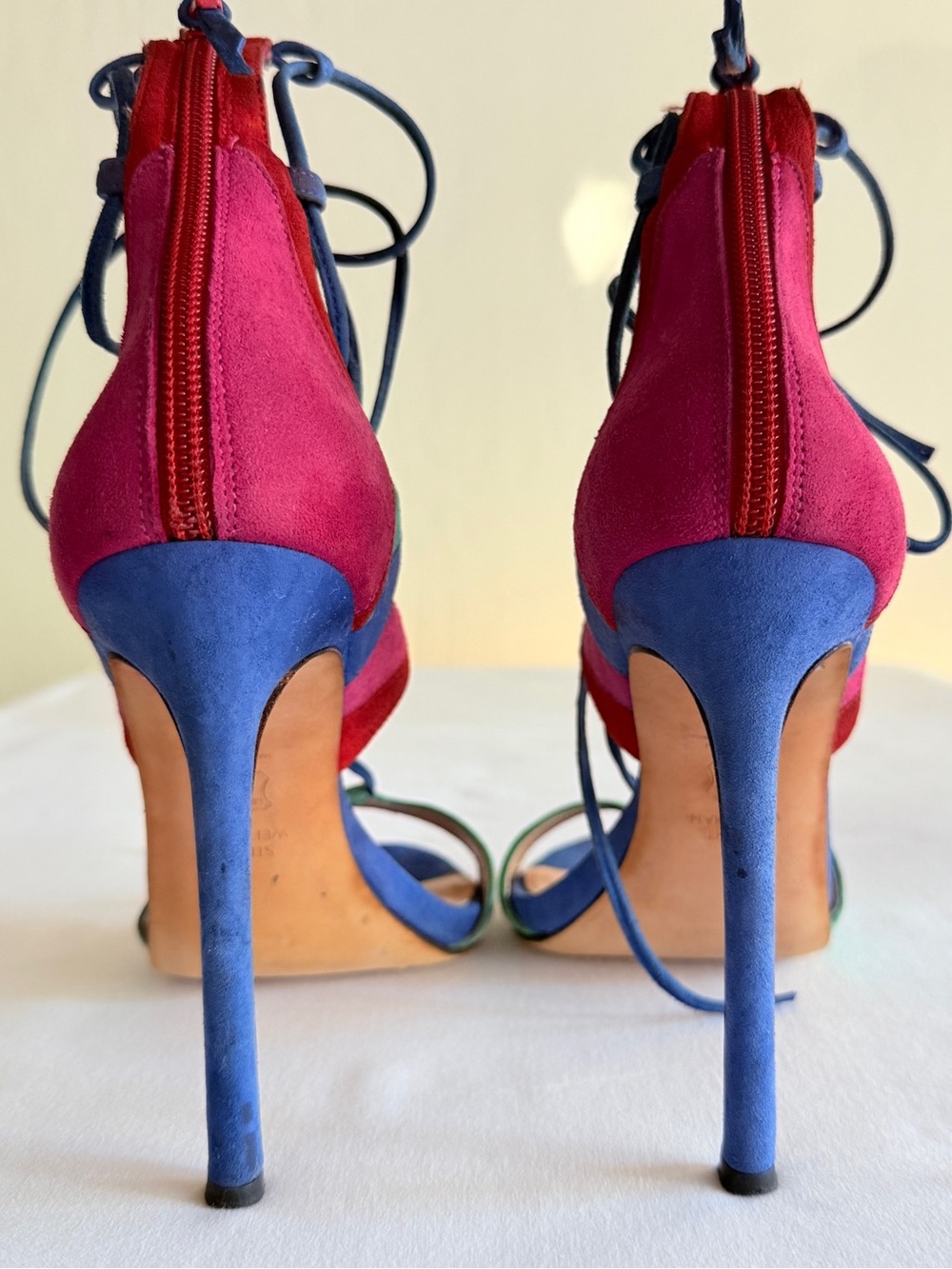 Stuart Weitzman Razzle Multicolor Suede Lace Up Stiletto Sandals Size 7 - Picture 5 of 16